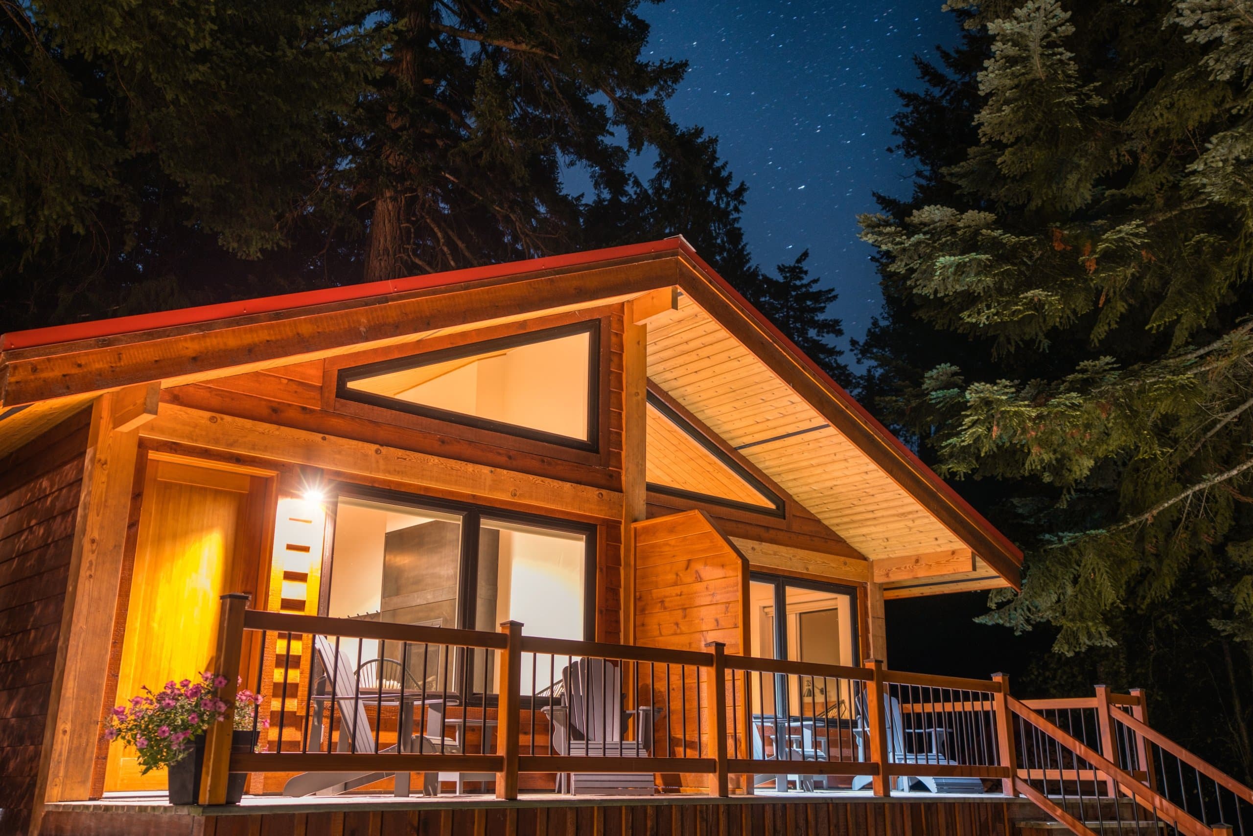 a lit lodge in the evening