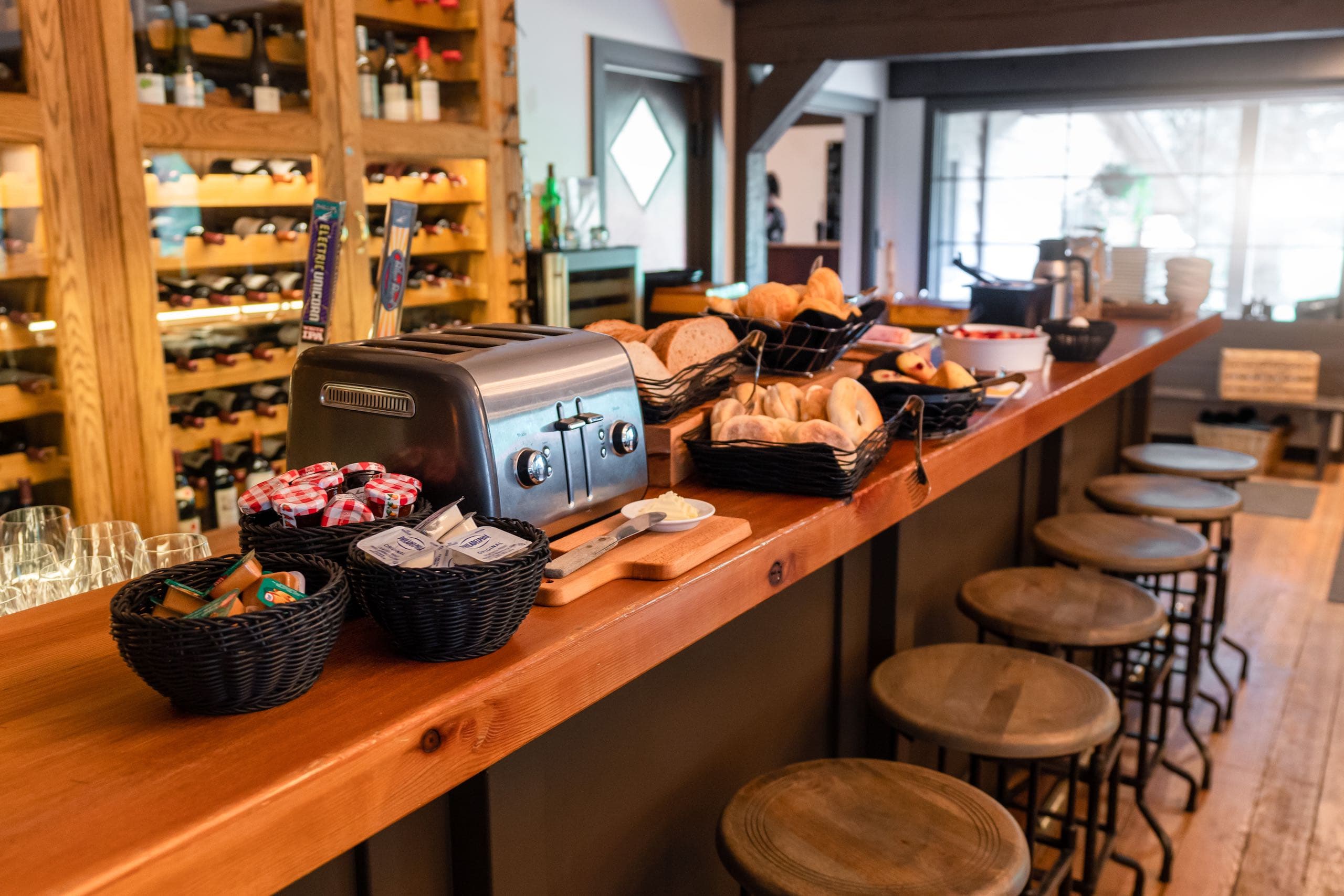 A bar covered with a variety of breakfast foods