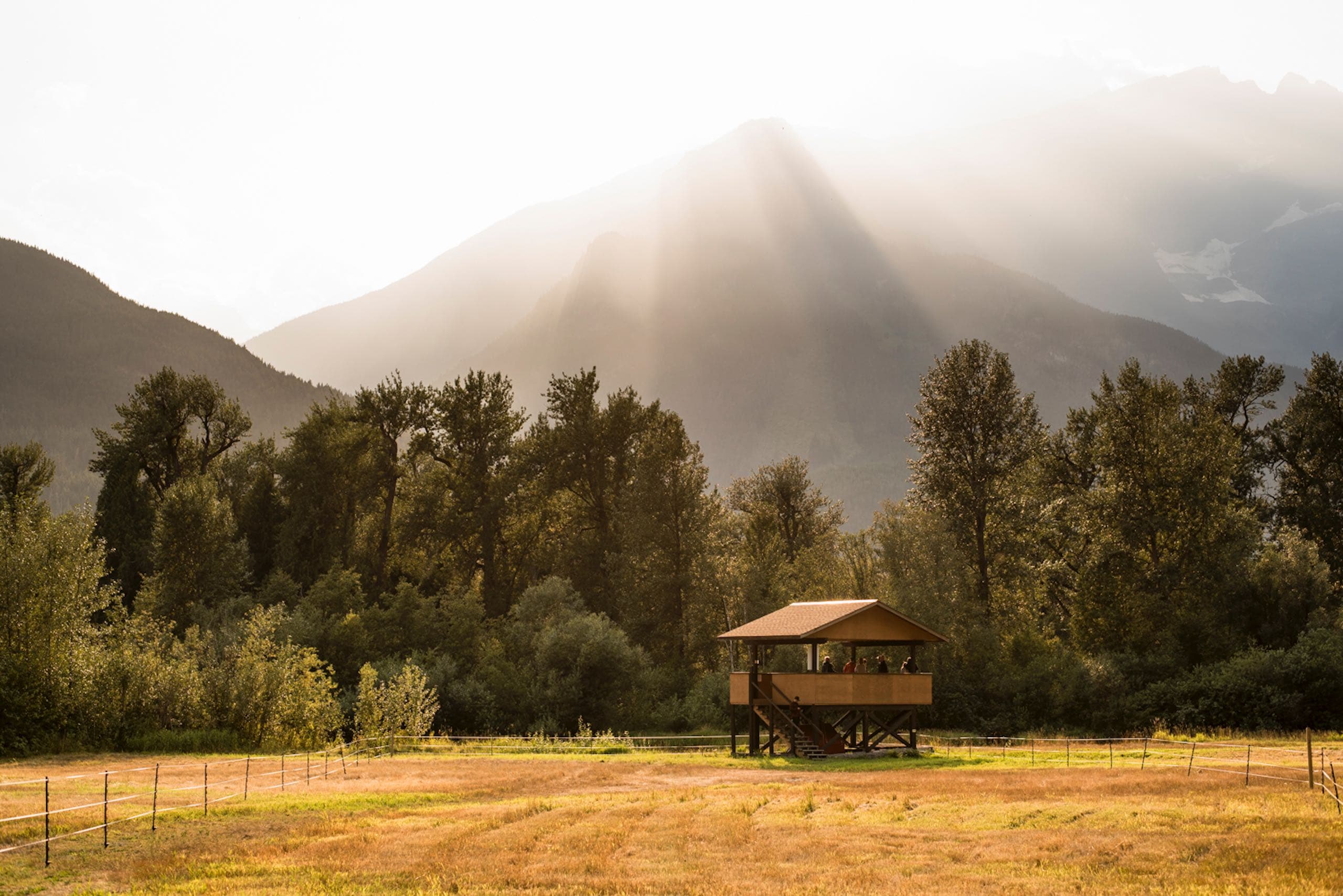 A viewing stand with the sun shining upon it